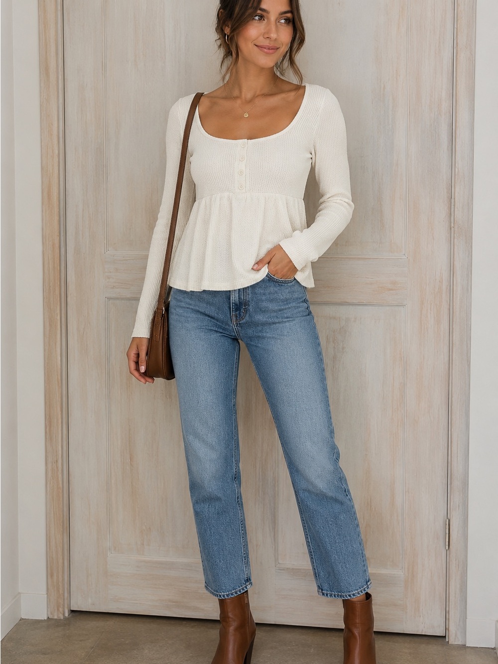 Good Days Project Cream Long Sleeve Scoop Neck Peplum Top